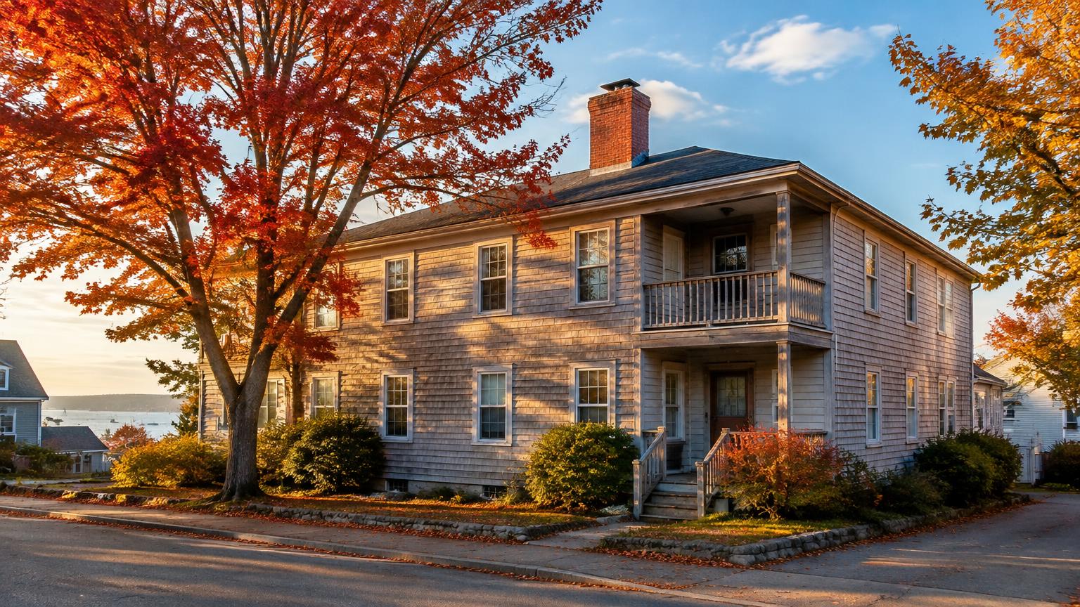 Clapboard multifamily building in a coastal Maine town